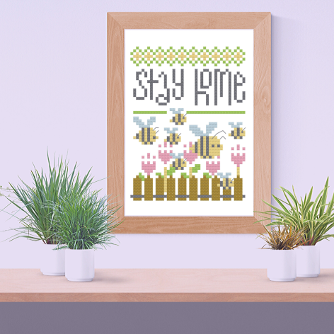 Bees stay home Cross stitch enmarcado